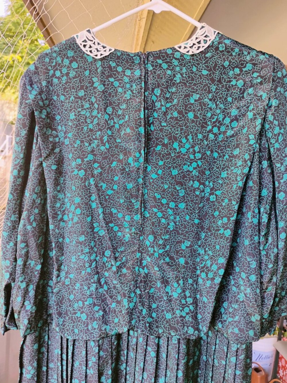 Vintage 1980s Green & Black Puff Sleeve Floral Pleated Dress Cottagecore Plus 18 - Picture 8 of 12